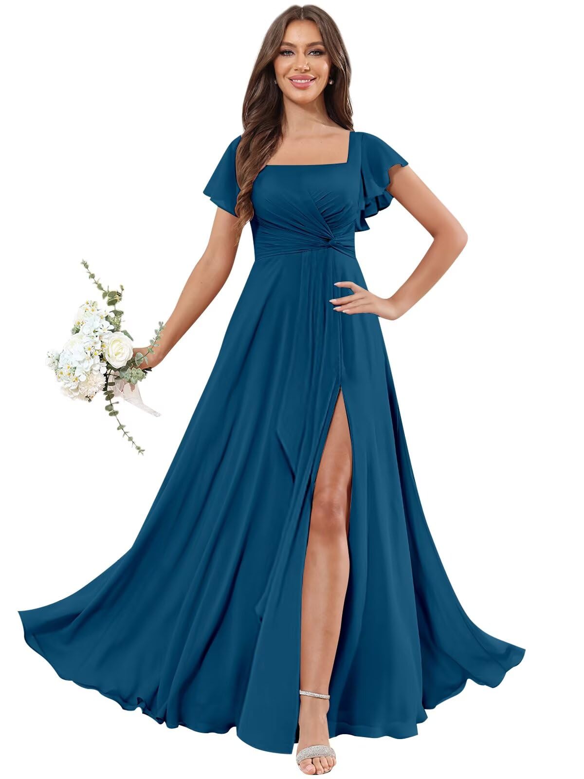 OFEECHUN Women's Flutter Sleeve Bridesmaid Dresses with Slit Square Neck Chiffon Long Evening Formal Gown