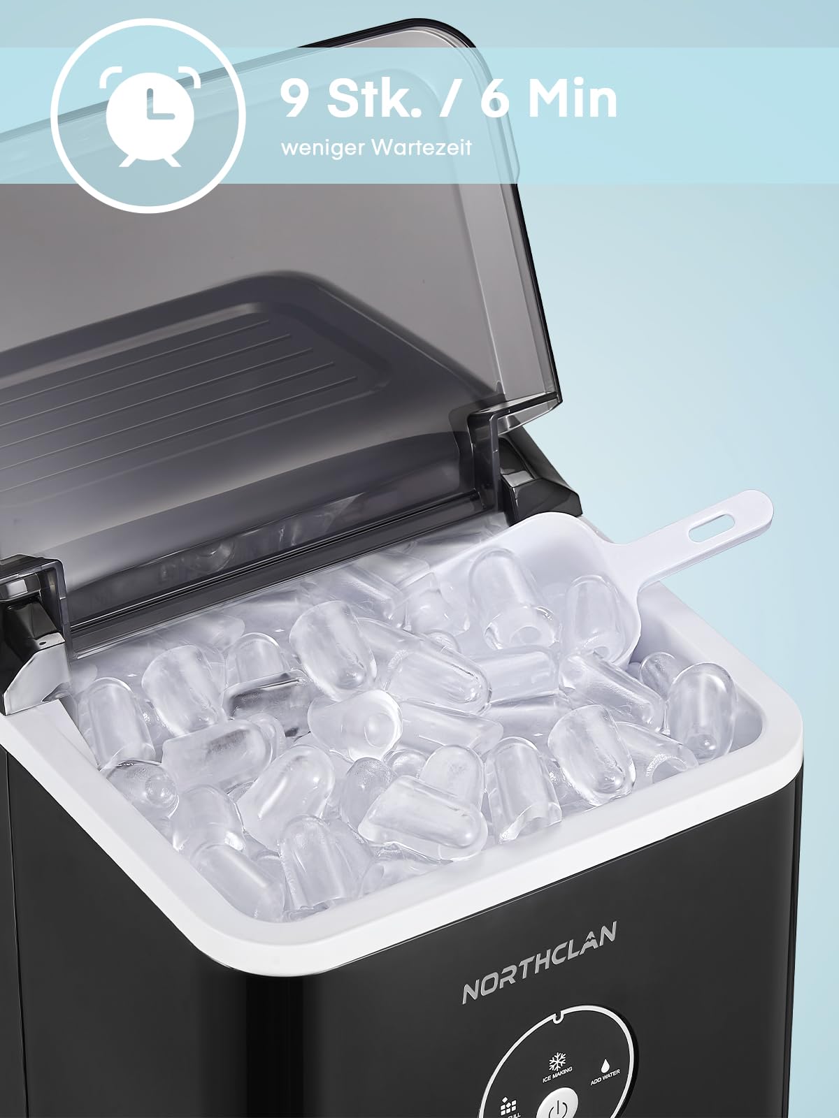 Eiswürfelmaschine 120W 14 kg 24 Stunden 9 Eiswürfel 6-8 Minuten Geräuscharmer Betrieb Ice Maker Dunkelgrau