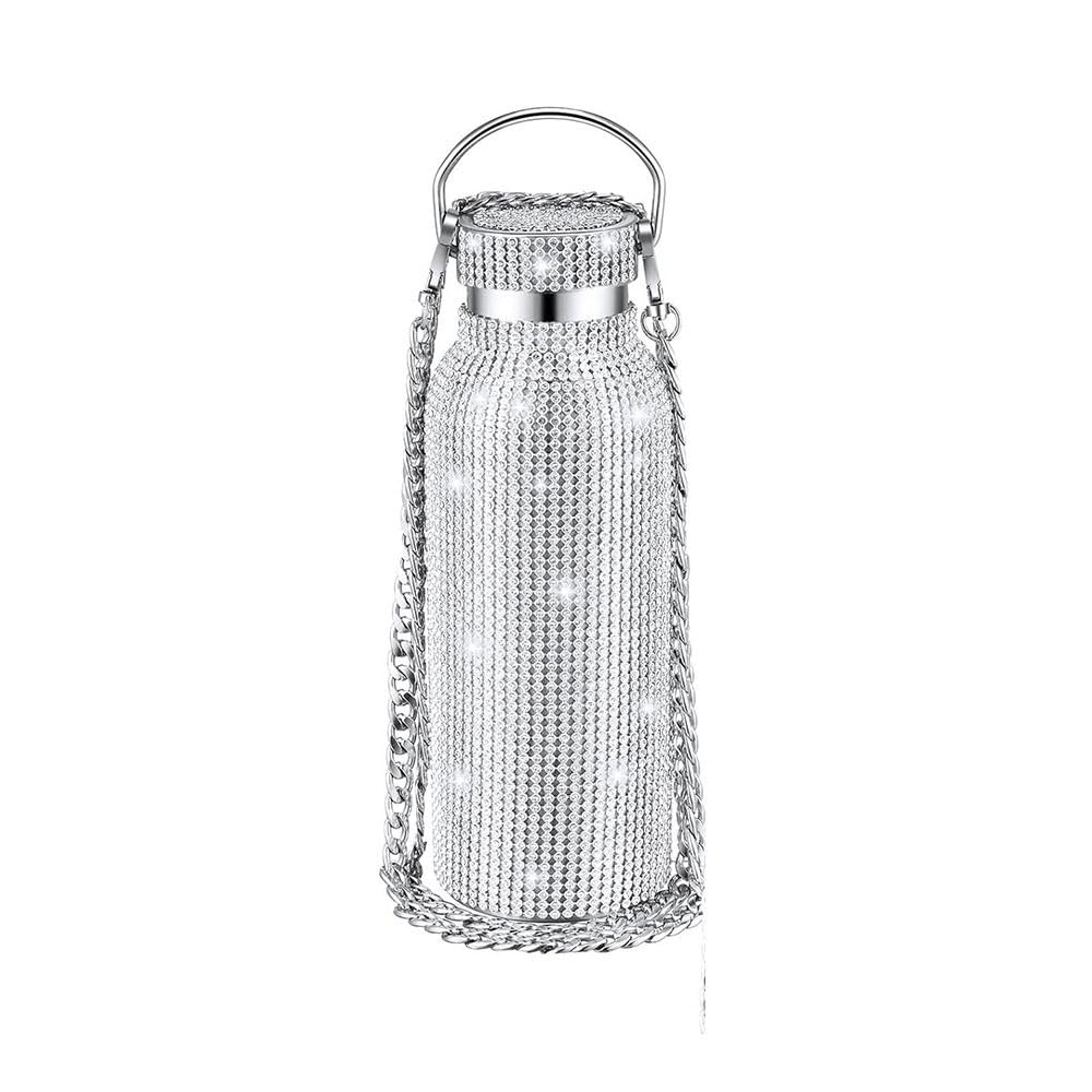 Water Bottle with Chain, 350/500/600/750/1000 Stainless Steel Glitter Tumbler with Chain, Bling Cups with Lids for Women Girl(500ml,Silver)