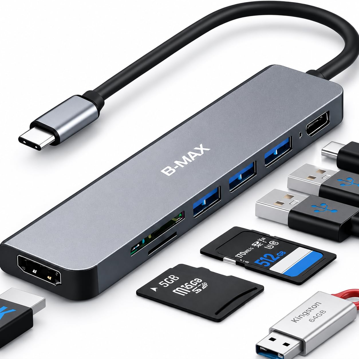 Adaptador Hub USB-C 7 em 1 com HDMI 4K 60Hz, 4 Portas USB 3.0, Leitor SD e MicroSD, USB-C