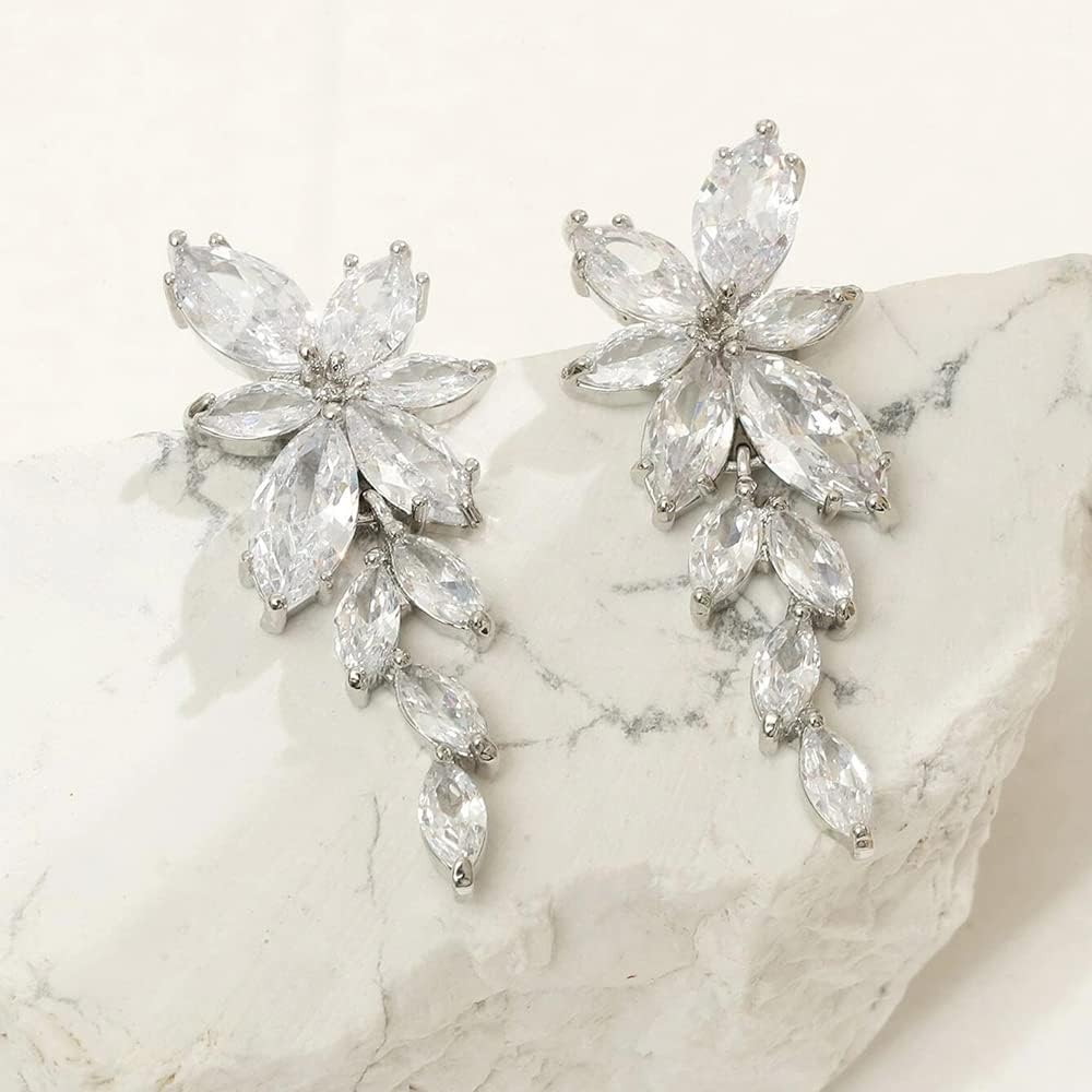 Wekicici Bridal Crystal Cluster Dangle Earrings Wedding Marquise Cubic Zirconia Shiny Rhinestone Stud Earrings for Women - Image 3