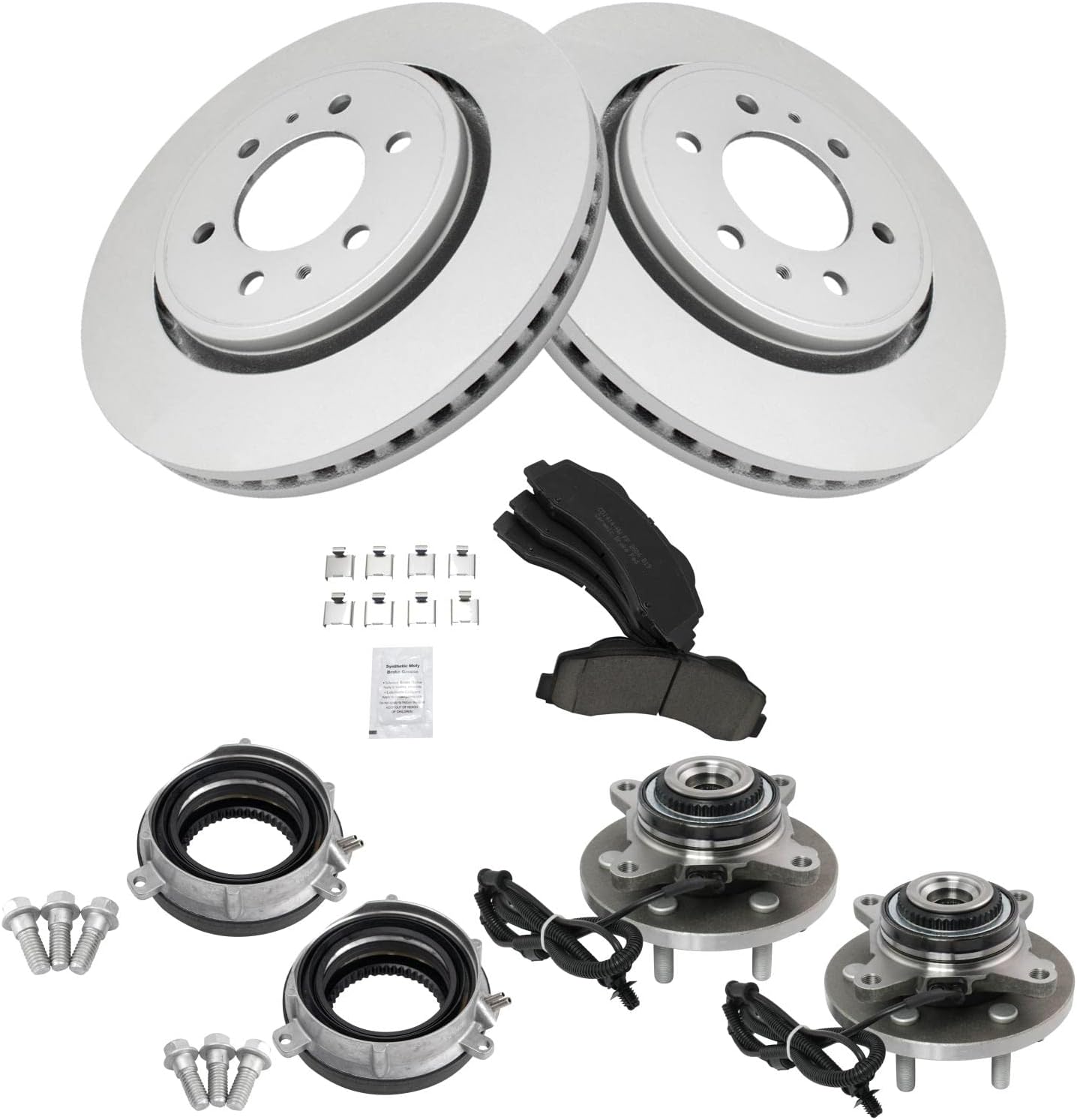 TRQ Front Brake Pad & Rotor Kit Auto-Locking Hub Actuator Brake Pads Brake Rotor Wheel Hub Bearing Assembly Ceramic Premium G-Coated Compatible with 2015-2017 Ford F-150