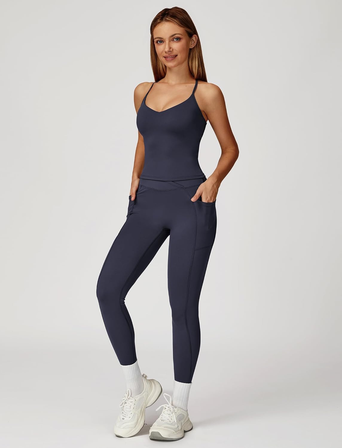 ABOCIW Womens 2 Piece Workout Sets Strappy Crop Tank Corssover High Waist Leggings with Poacket Gym Set Yoga Outfits - Image 3