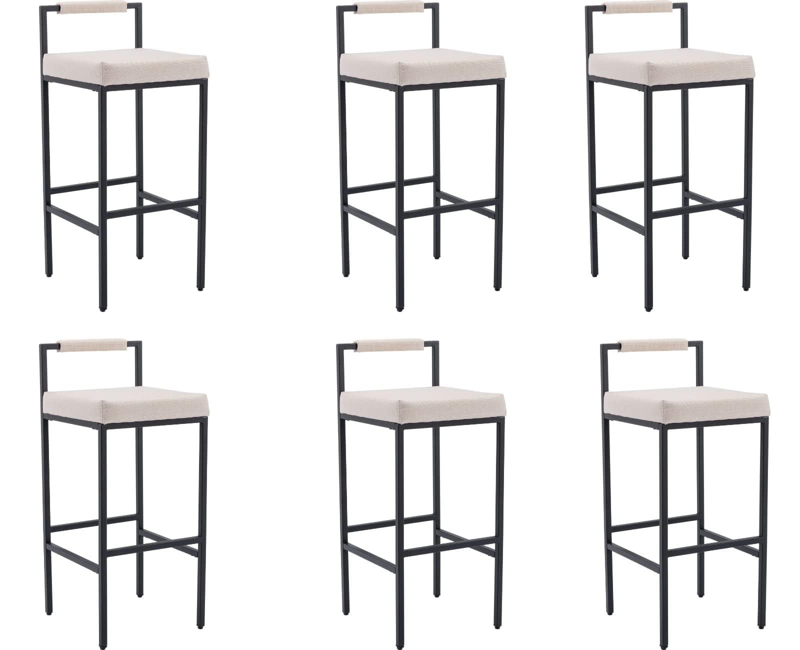 EALSON Modern Bar Stools Set of 6 Linen Upholstered Bar Height Barstools with Low Back and Metal Frame 30 Inch Couter Tall Bar Chairs Industrial
