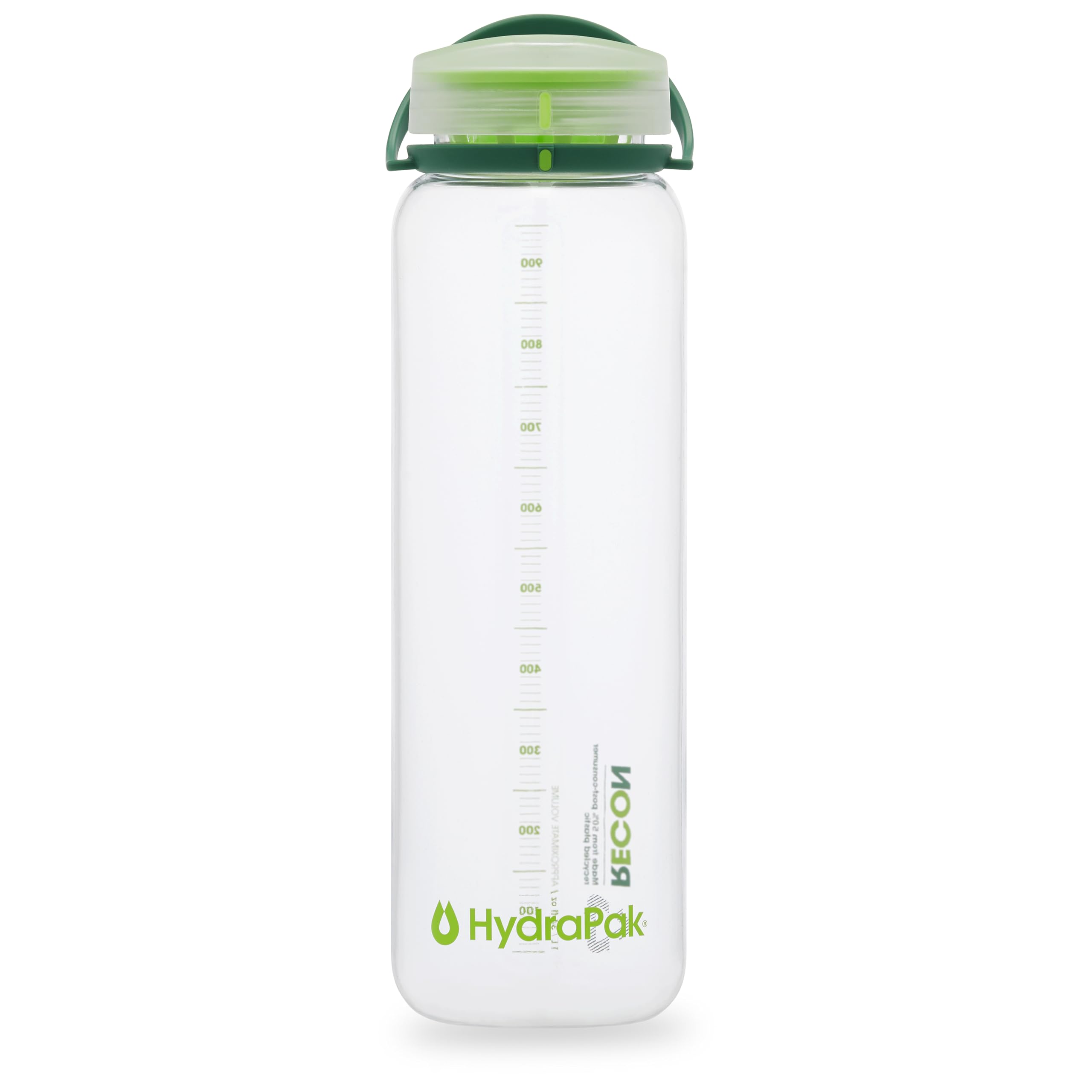 Hydrapak RECON - 50% Recycled Plastic Water Bottle, Eco Friendly & BPA, Smooth Flow Twist Cap, Easy Carry (1 L, Clear/Evergreen & Lime)