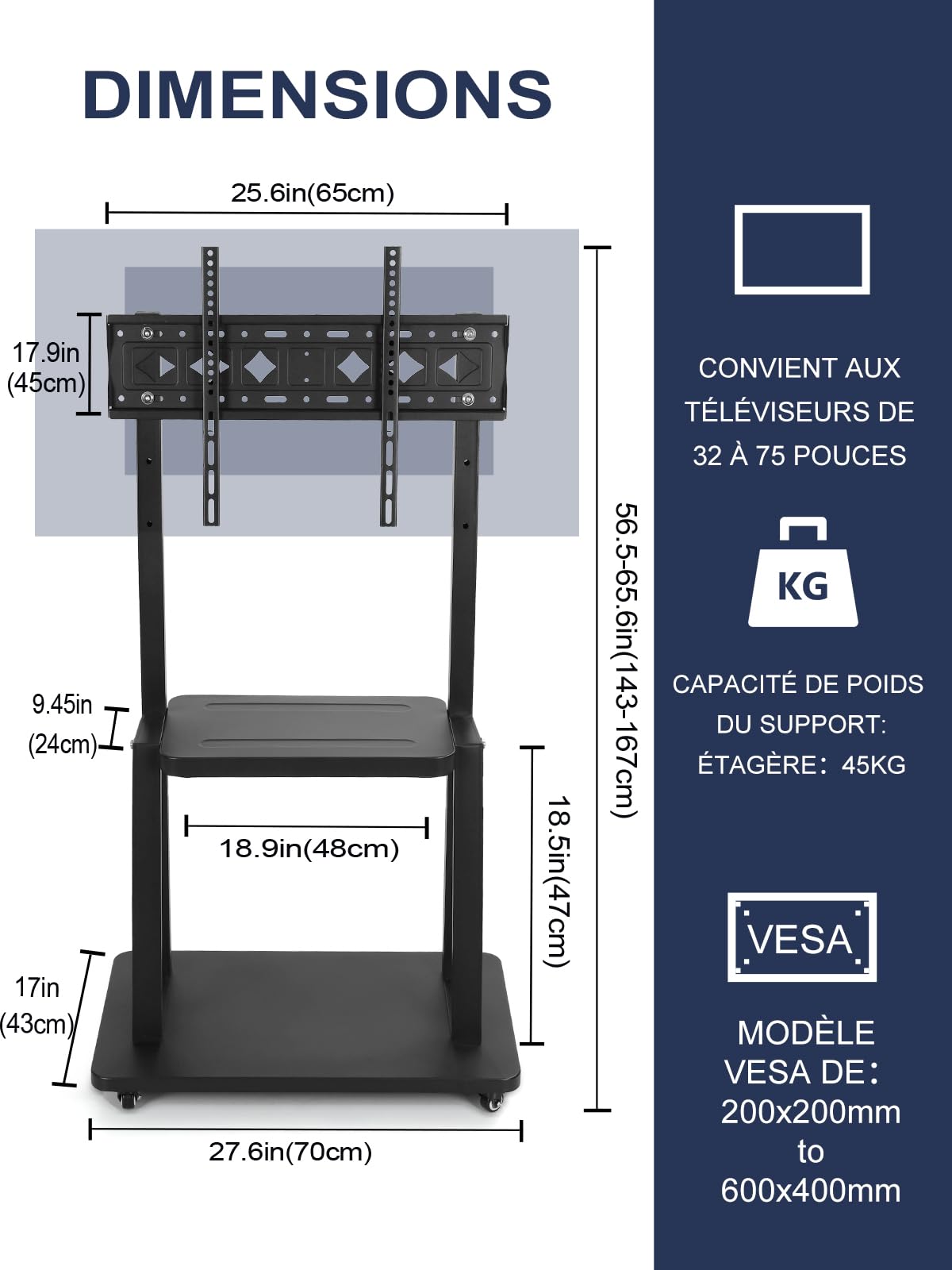 Support TV sur Pied Meuble TV Roulant pour 32-75 Pouces Plat/incurvé LED/LCD/OLED Hauteur réglable Support TV roulettes Jusqu’à 45kg Meuble TV au Sol avec étagère DVD Blanc