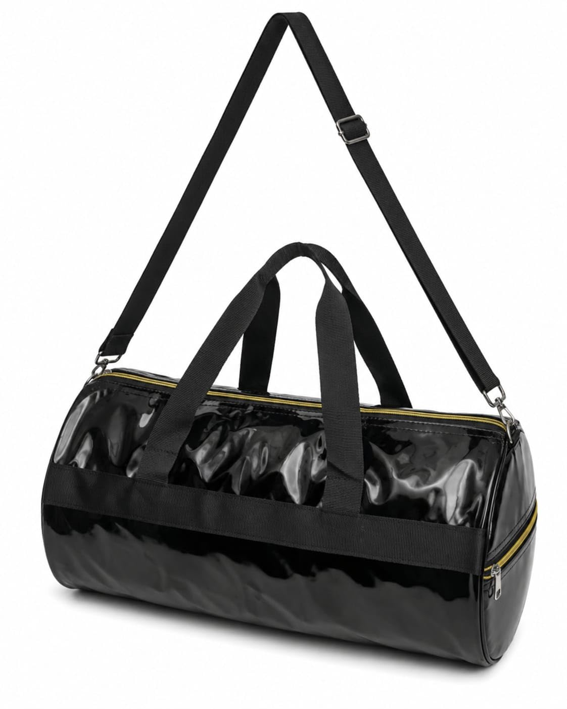 PU [Black Patent Finish Duffle Bag with Adjustable Shoulder Strap-image-12