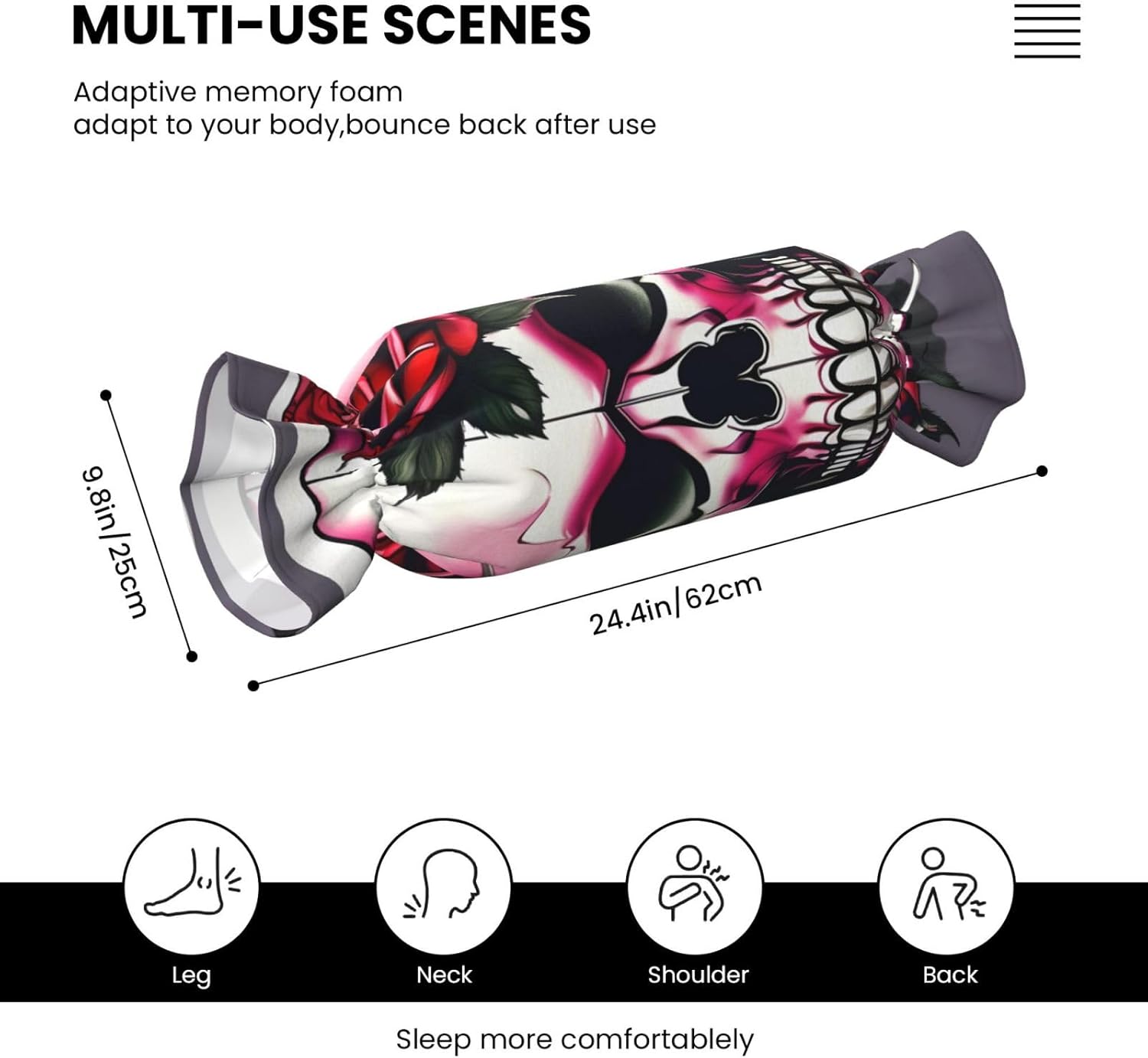 Rose Skull Print Candy Cylindrical Comfortable Pillow Throw Pillows Home Decor Easy Maintenance