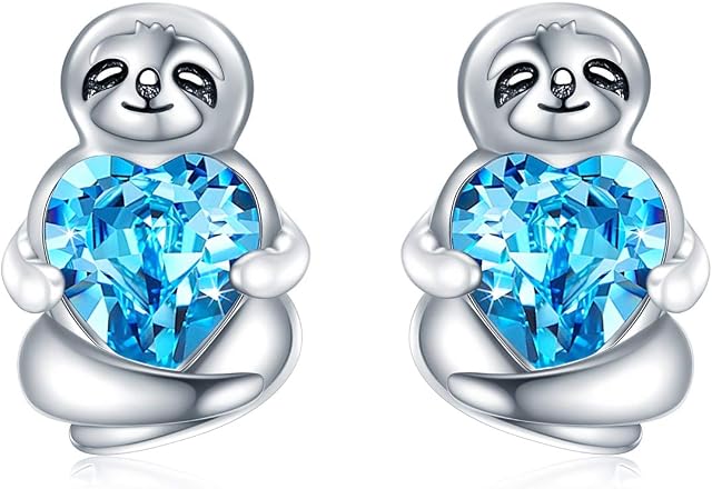 Sterling Silver Sloth Stud Earrings with Heart Crystals, Birthday Sloth Gifts for Women Girls Her