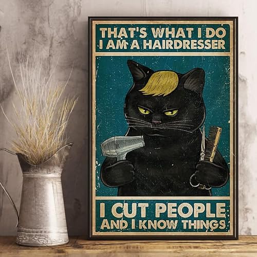 Aoevc Funny Black Cat Hairdresser I Cut People Funny Man Cave Garage Pub Garden Bar Novelty Gift Wall Plaque metal tin sign 6x8 Inch