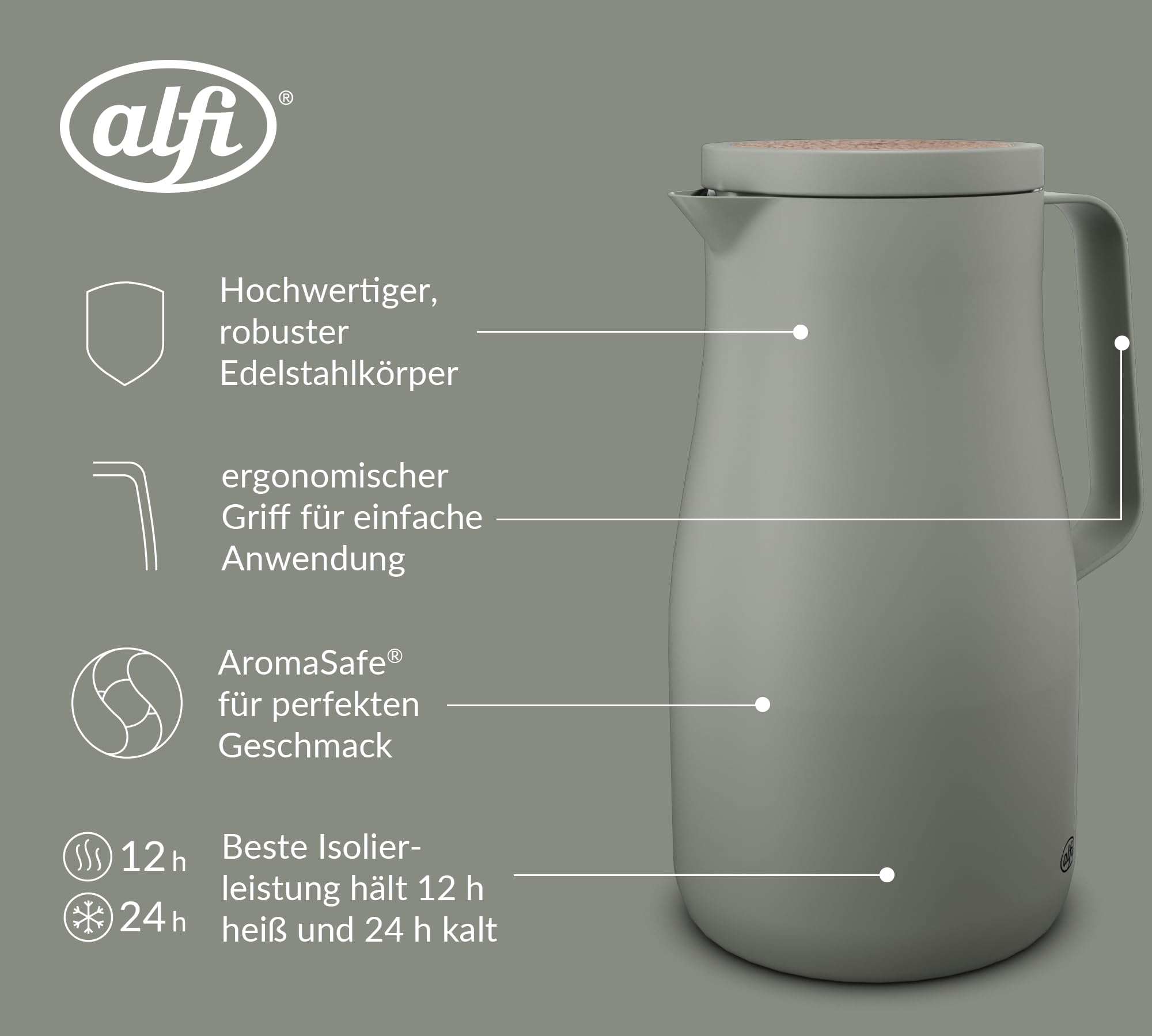 alfi STUDIO TEA Isolierkanne 1,00 l, 12 h heiß, matcha green | 24 h kalt, Thermoskanne für Kaffee & Tee, doppelwandig aus Edelstahl, Drehverschluss, große Öffnung, spülmaschinenfest, grün