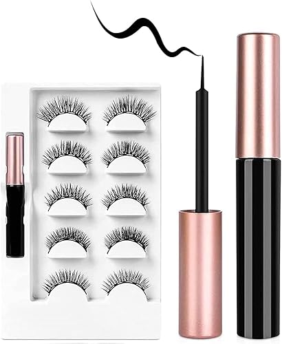 Miniatura 5 de AOMIG Pestañas magnéticas con kit de delineador de ojos 5 pares de pestañas postizas de aspecto natural con aplicador delineador de ojos impermeable