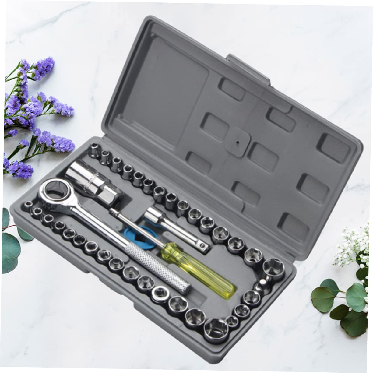 UPKOCH Set Di Chiavi A Bussola in Acciaio Carbonio Da 40 Pezzi Kit Di Riparazione Auto Utensile Manuale Con Manicotto Combinato Per La Manutenzione Del Veicolo Impugnatura Comoda