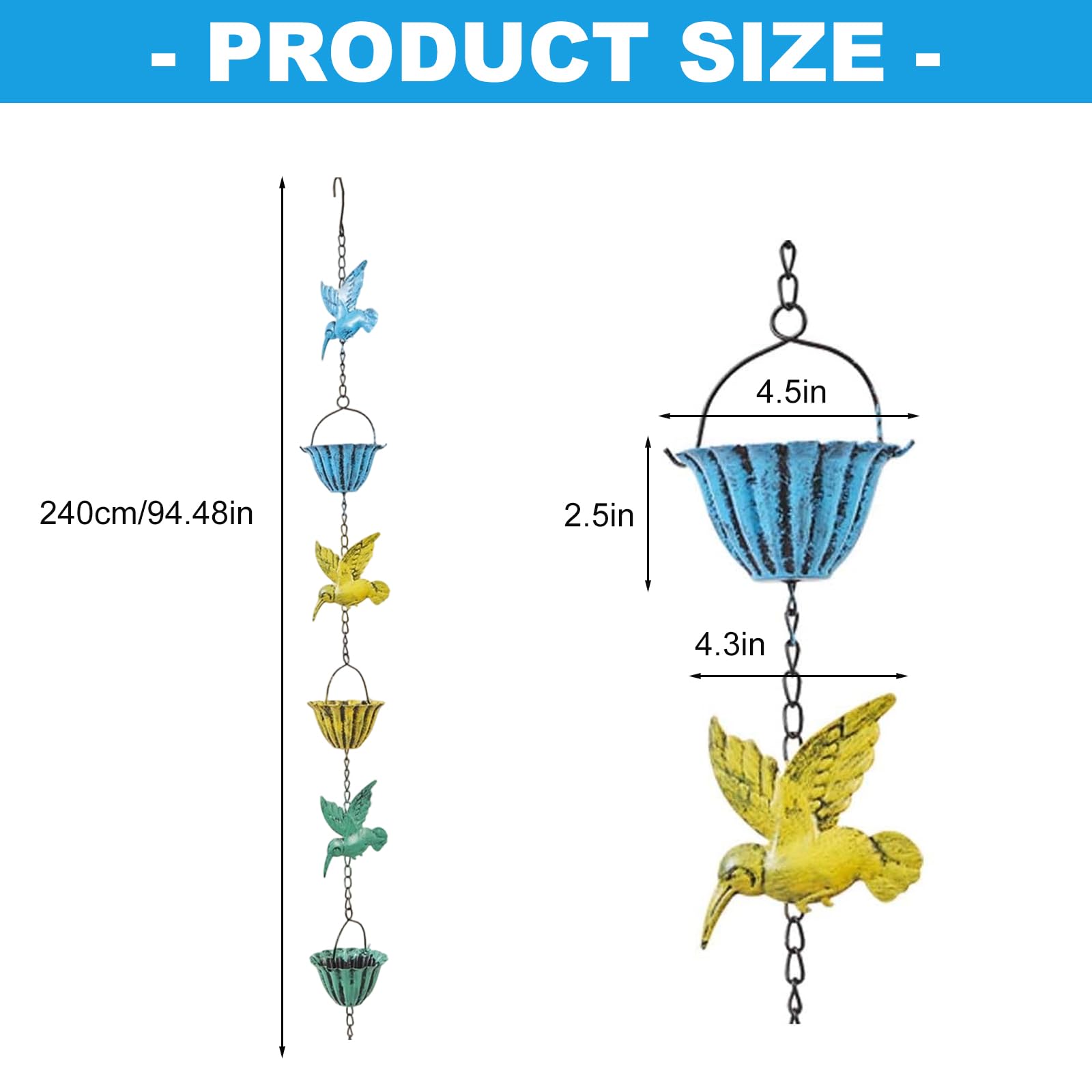 Chaîne de guidage d'eau en métal en forme d'oiseau - Solution de drainage durable pour tonnelle et terrasse - Système de flux d'eau de pluie en plein air - Chaîne en métal pour parc, couloirs et