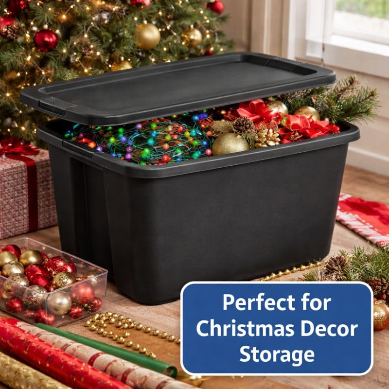 Image of 18 Gallon Plastic Storage Tote with Secure Snap-On Lid, Stackable Storage Bin for Linens, Seasonal Decor, Keepsakes & Home Organization (Black)