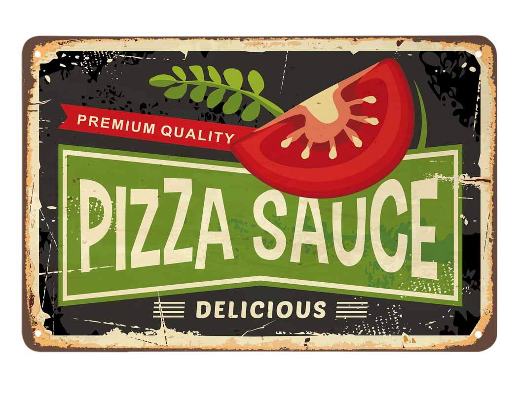 SMAZDFXX Pizza Sauce Tin Sign,Delicious Food Tomatoes Leaf Parsley Vintage Metal Tin Signs for Cafes Bars Pubs Shop Wall Decorative Funny Retro Signs for Men Women 8"x12"