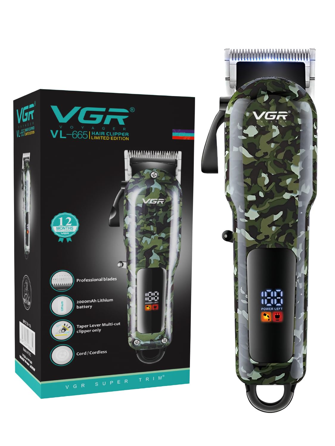 VGR VL-665 Limited Edition Professional Hair Clipper for Salon & Home Use | LED Display, 2000mAh Battery, 6 Guide Combs with Type-C USB Charging & 180 Min Runtime - (Black/Green)