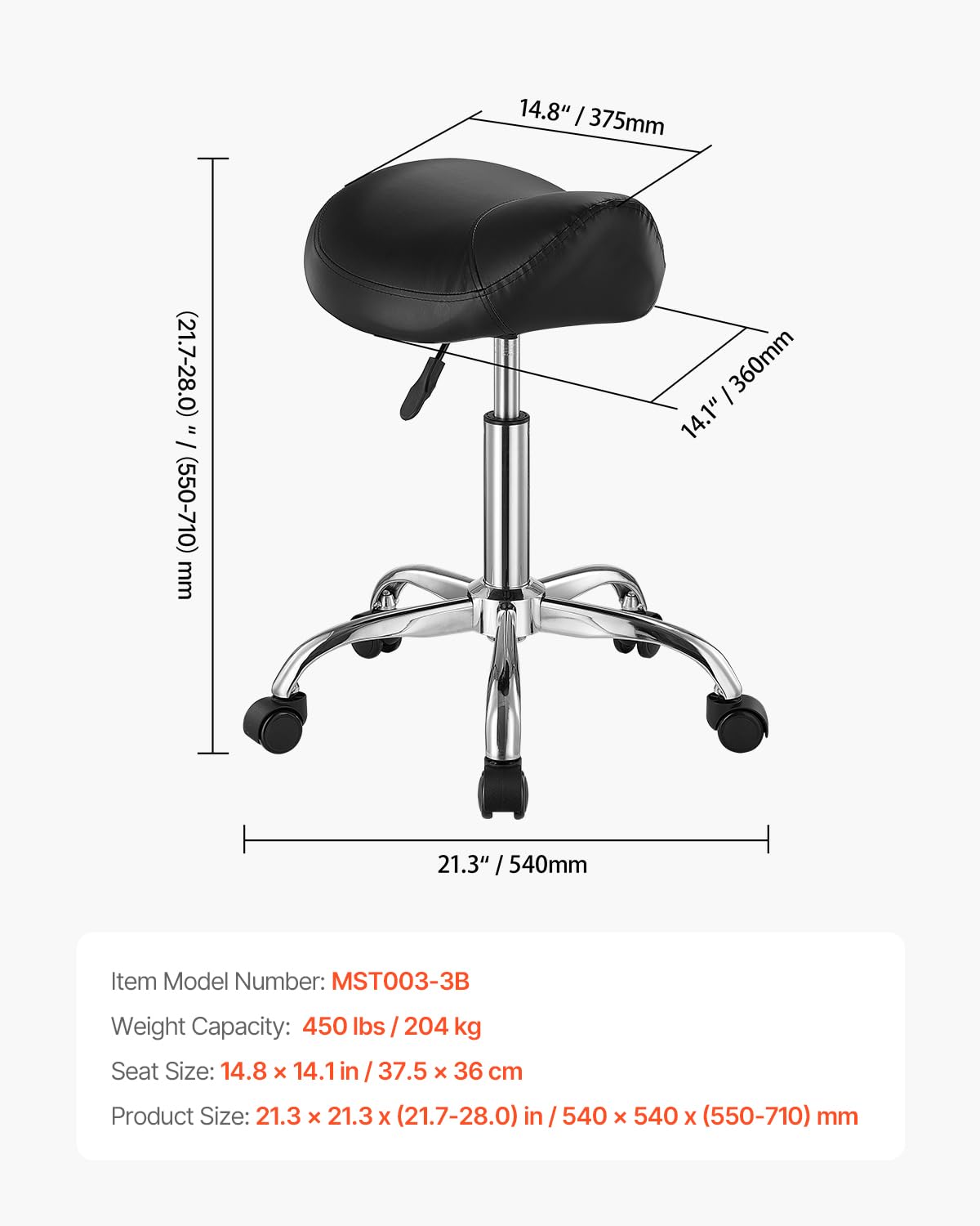 VEVOR Sattelhocker Rollhocker 204 kg belastbarer höhenverstellbarer (55-71 cm) Drehhocker Arbeitshocker, ergonomischer verdickter PU-Leder-Drehsattelstuhl für Salon Spa Massage Klinik, Schwarz