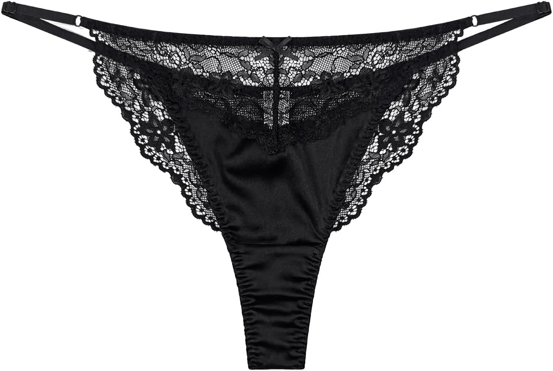 100% Mulberry Silk Thongs for Women, Sexy Shiny Silk Satin G-String Panties with Adjustable Ties, Cheeky T-back