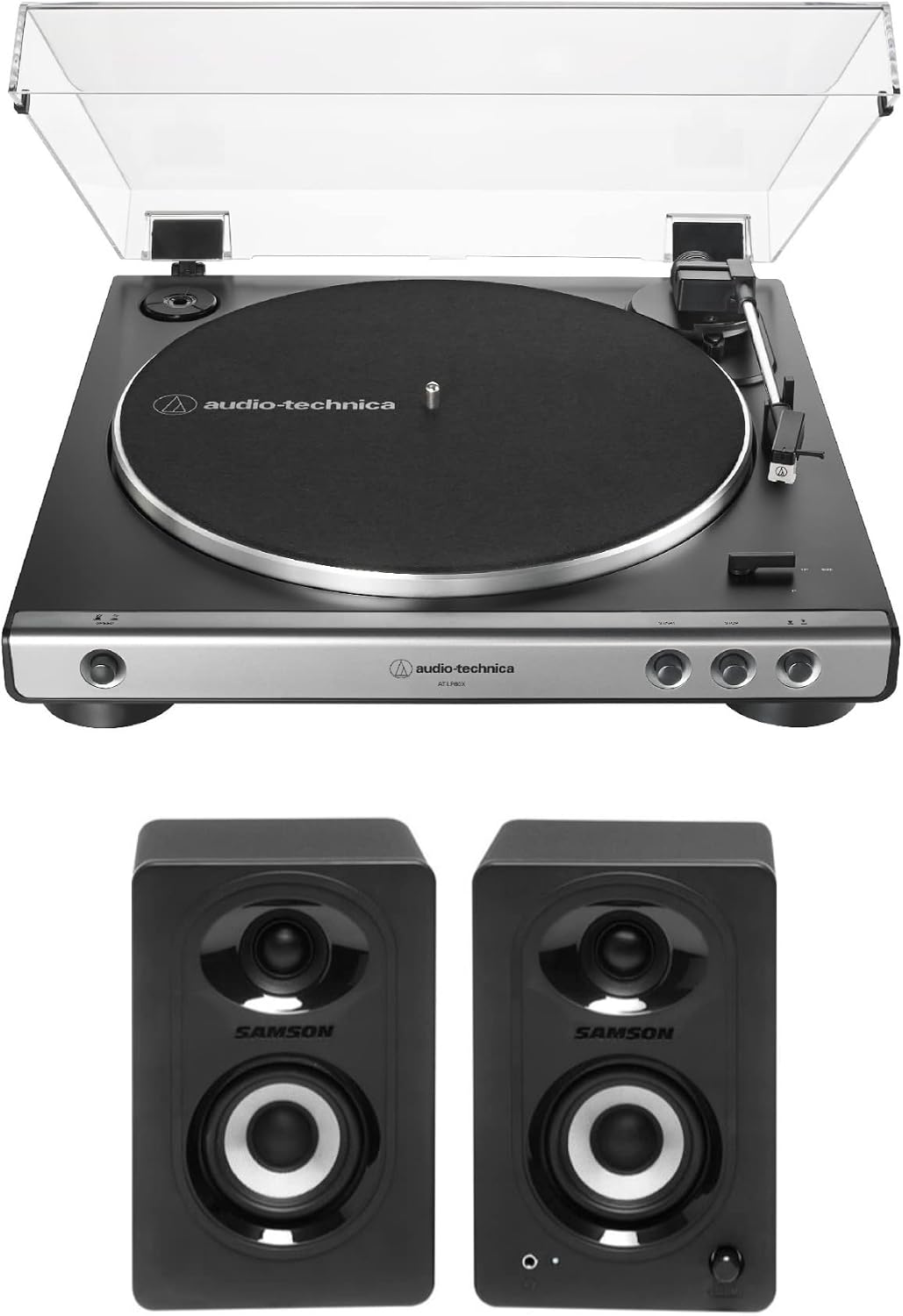 AT-LP60X Fully Automatic Belt-Drive Stereo Turntable (Gunmetal) Bundle with Bluetooth Studio Monitors - Pair (2 Items)