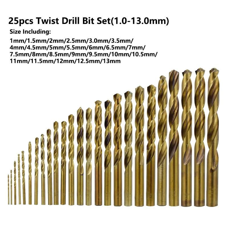 Zestaw wierteł spiralnych 1,0-13 mm, powlekane kobaltem wiertło pistoletowe HSS do cięcia otworów do drewna/metalu, 25 sztuk