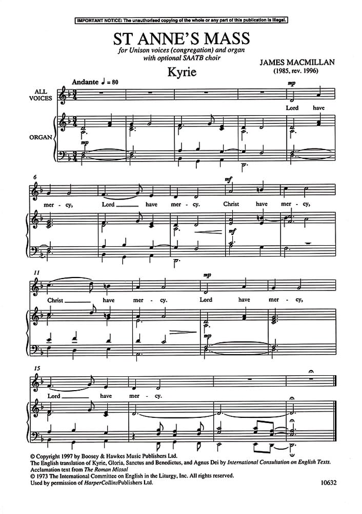 St Anne's Mass: 1996 version. unison choir (congregation) and organ, mixed choir (SAATB) ad libitum. Partition de chœur.