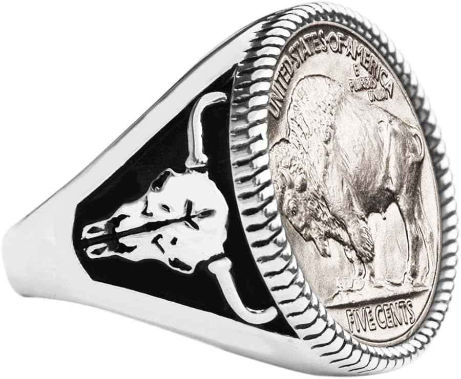 US 1913~1938 Indian Head Buffalo Nickel AU Coin 925 Sterling Silver Signet Ring NEW - Buffalo Skull Design