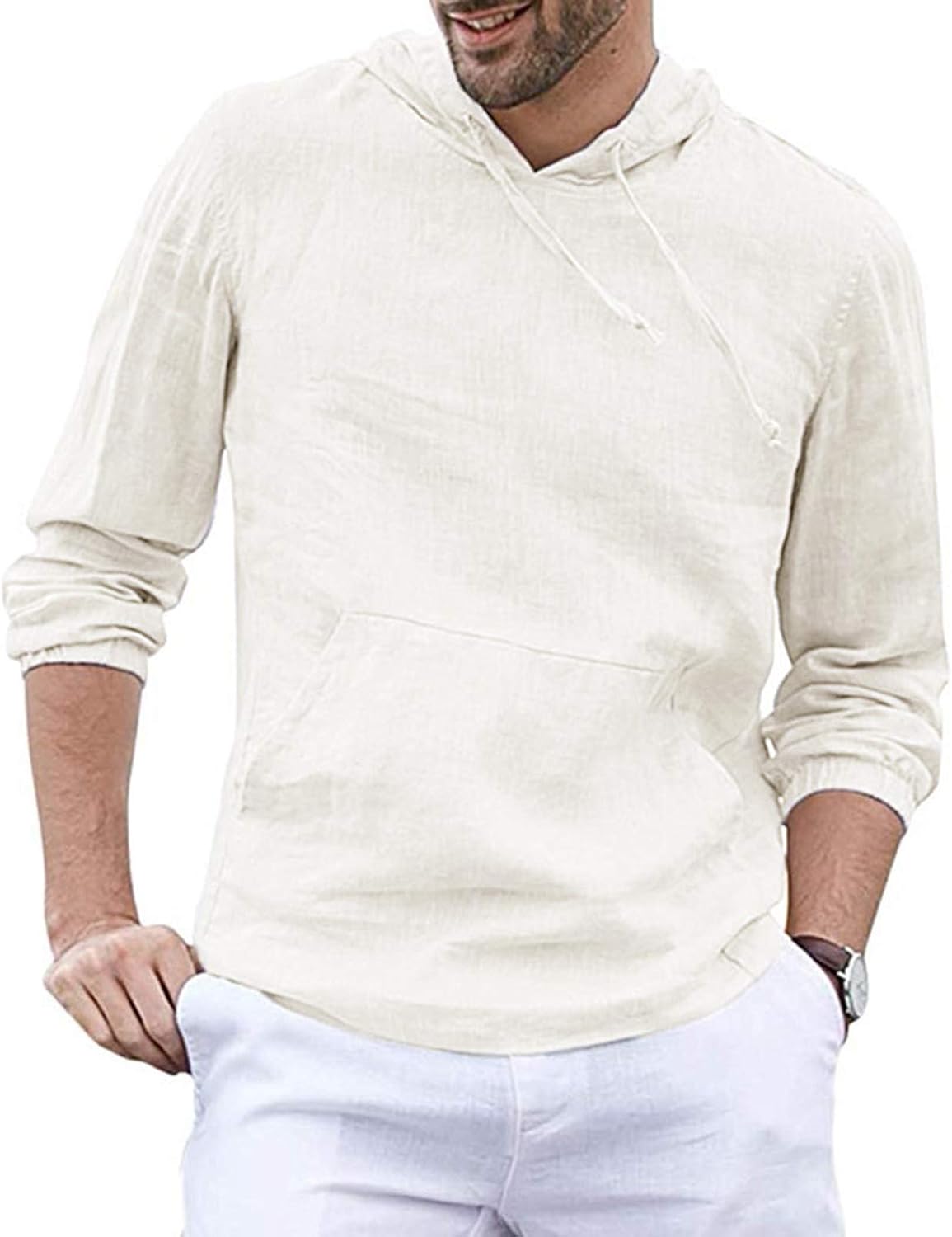 Ymosrh Big and Tall Hoodies for Men Baggy Cotton Linen Hooded Pocket Solid Long Sleeve Retro T Shirts Tops Hoodie