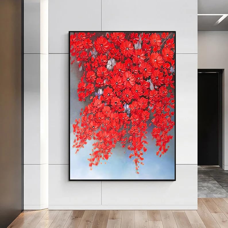 Peinture à l'huile motif floral rouge pour raviver un mur blanc