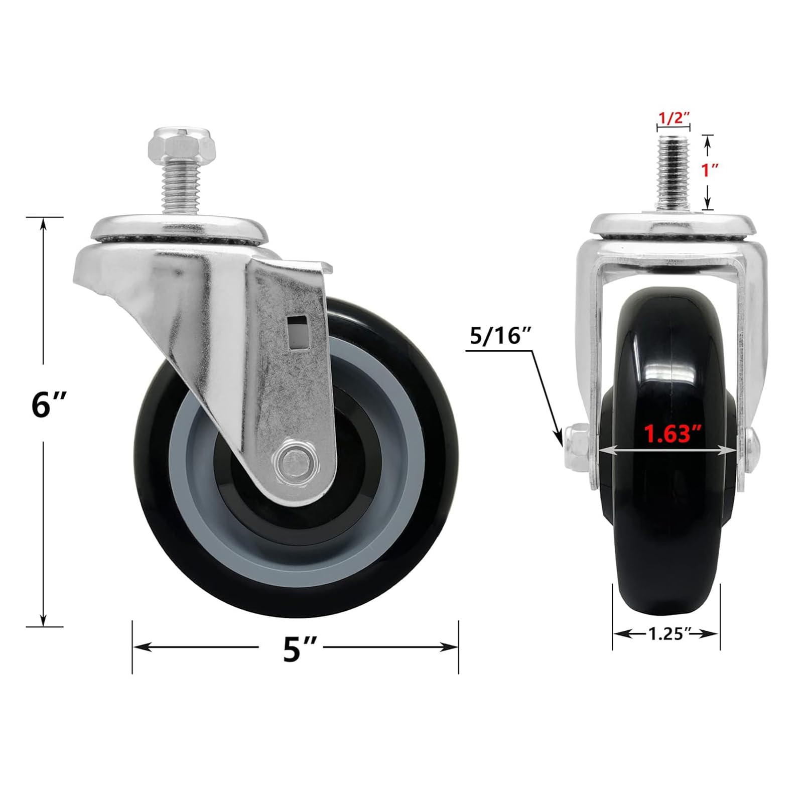 LONGRUNFORU 5 Inch Stem Casters for Shopping Carts, Polyurethane Shopping Cart Wheels Replacement,1/2”-13 x 1.0, Set of 4 Wheels for Cart Loading Capacity 1400lbs Total