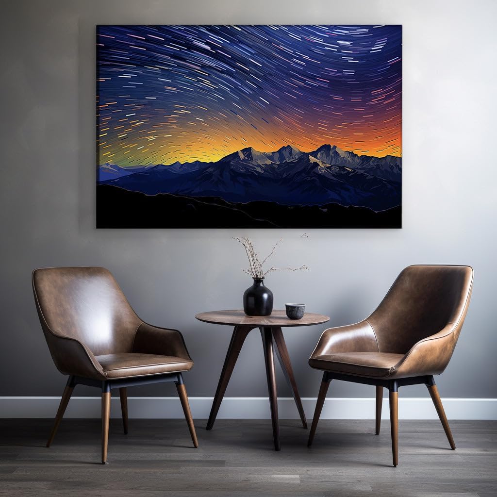 Canvas for Living room. Starry Trails Over Silent Peaks: Unveiling the Night's Enchanted Canvas, 27 x 18 inch Canvas Wall Art - Modern Home Decor - 69x46 cm (27x18 inch)