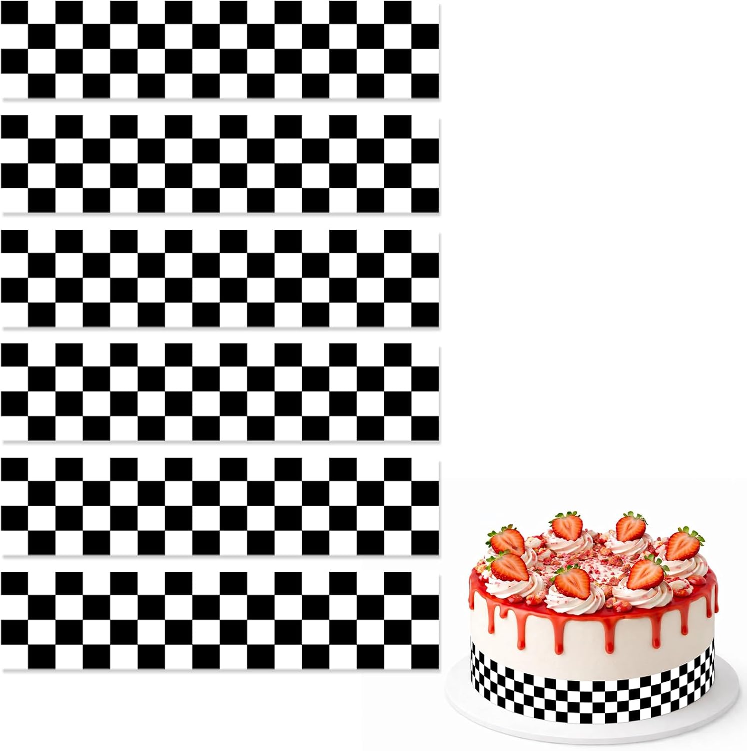 6pcs Edible Checkered Cake Border, 28x6.2cm/11x2.44in Black & White Racing Theme Pre-Cut Edible Cake Topper Paper Print Images Wrap Border Strips for Birthday Race Car Truck Party Decoration