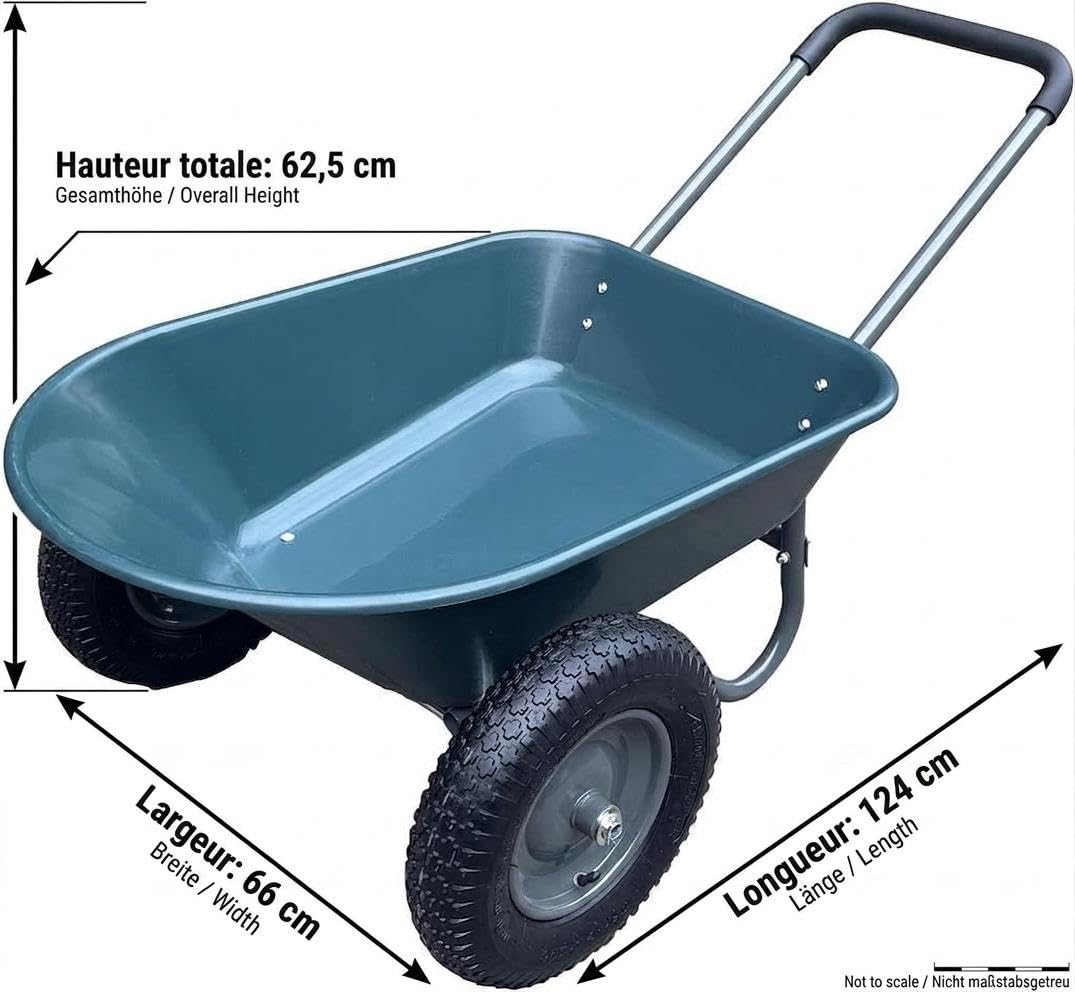 Carretilla de jardín con 2 ruedas, carro de utilidad de hierro y plástico, dimensiones 124 x 66 x 62,5 cm, multicolor, para jardín, patio y exterior