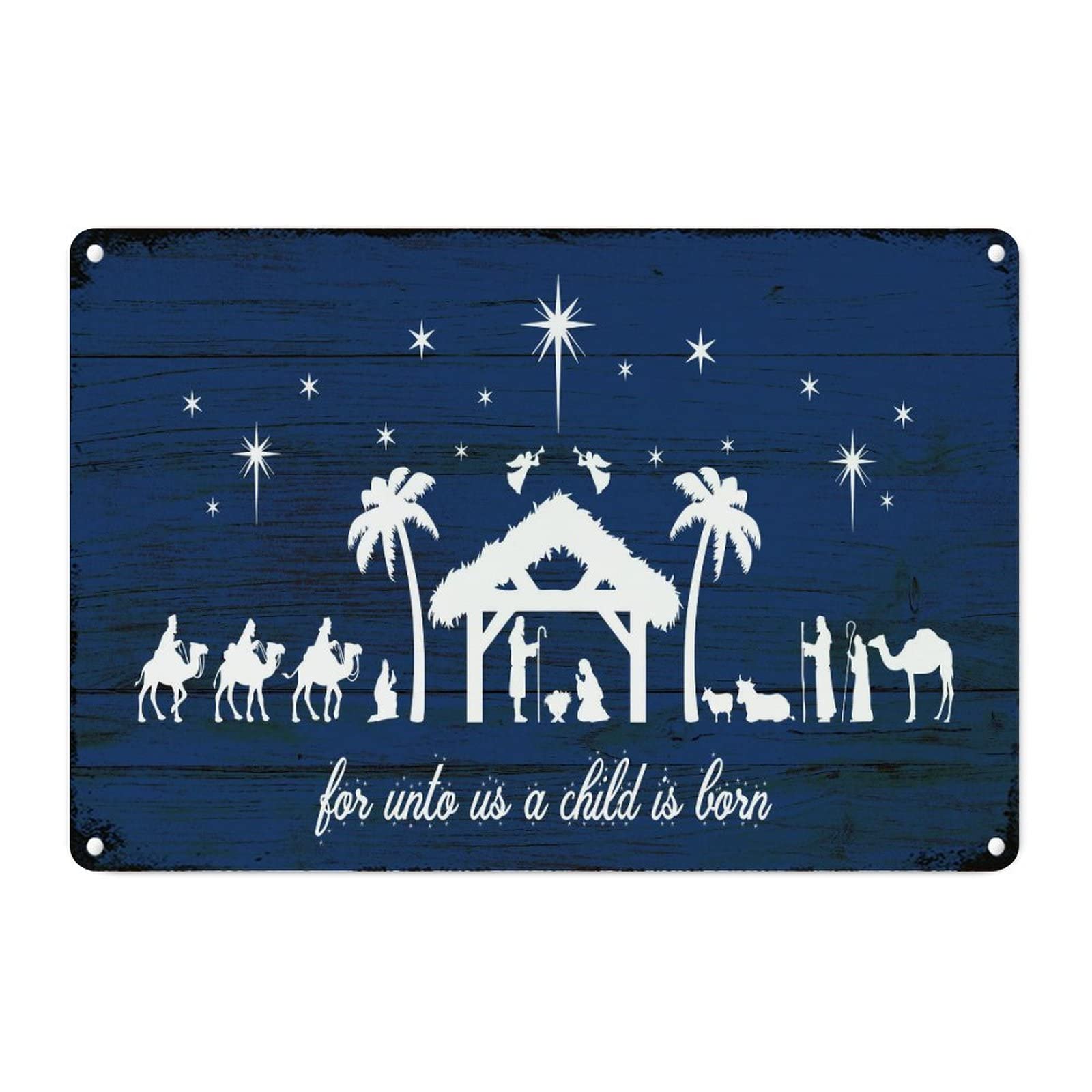 Plaque crèche de Noël en métal vintage bleu nuit déco murale 30x45