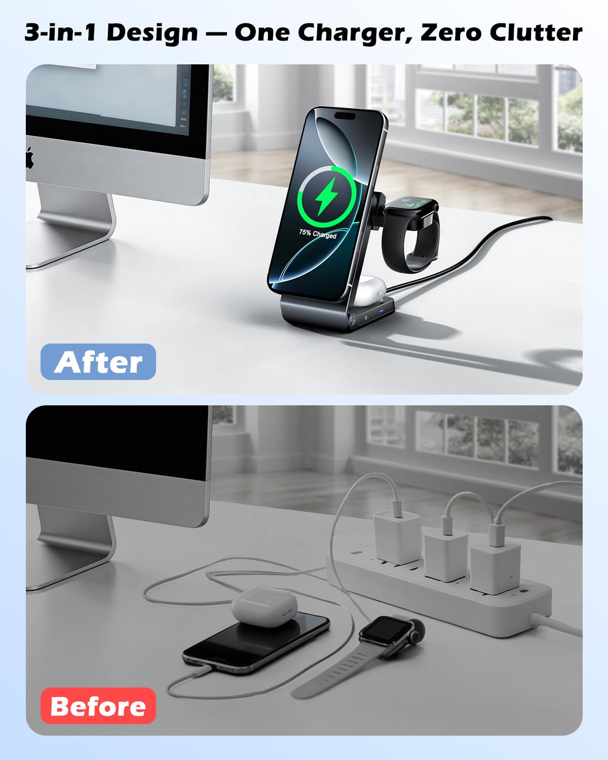CloudValley 3 in 1 Stazione di Ricarica per iPhone AirPods e Apple Watch, Qi 2.2 25 W Ricarica Wireless Rapida, Dissipazione Attiva del Calore, Robusto e Durevole, Compatibile con MagSafe, Portatile