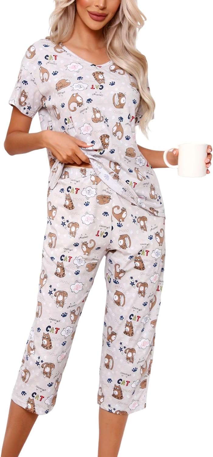 Inadays Womens Cotton Pajama Sets Short Sleeve Top With Capri Pants 2 piece sets for Women Summer Pajamas Lounge Set - Image 2
