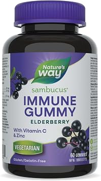 Nature's Way Sambucus Immune Support Gummies – Elderberry with Vitamin C & Zinc – Supports Immune Function and Relieves Cold & Flu Symptoms – Vegetarian, Gluten-Free for Adults & Kids 4+ – 60 Gummies