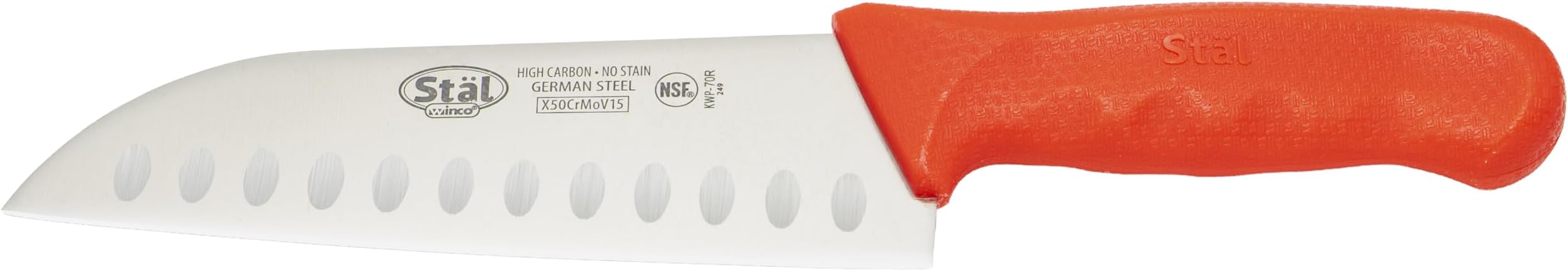 Winco KWP-70R Stäl Stamped Cutlery Santoku Knife 7" Stainless Steel Blade, Hollow Granton Edge, Red Plastic Handle