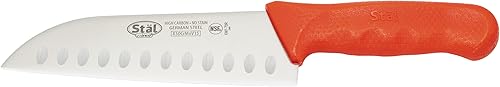 Winco KWP-70R Stäl Stäl - Cuchillo Santoku de 7 pulgadas, hoja de acero inoxidable, borde hueco de Granton, mango de plástico rojo