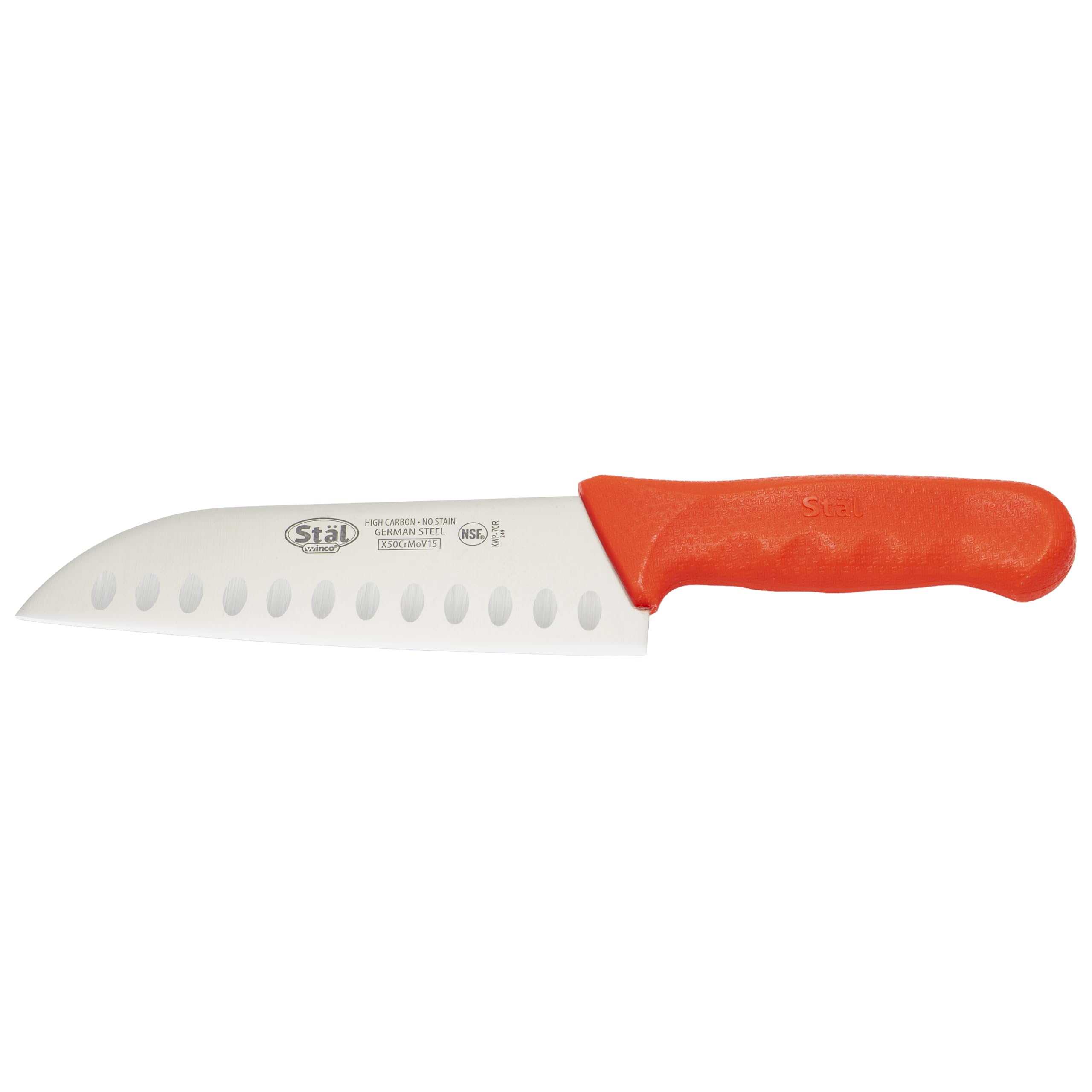 Winco KWP-70 Stäl Stamped Cutlery Santoku Knife 7" Stainless Steel Blade, Hollow Granton Edge, Plastic Handle 7" Red KWP-70R