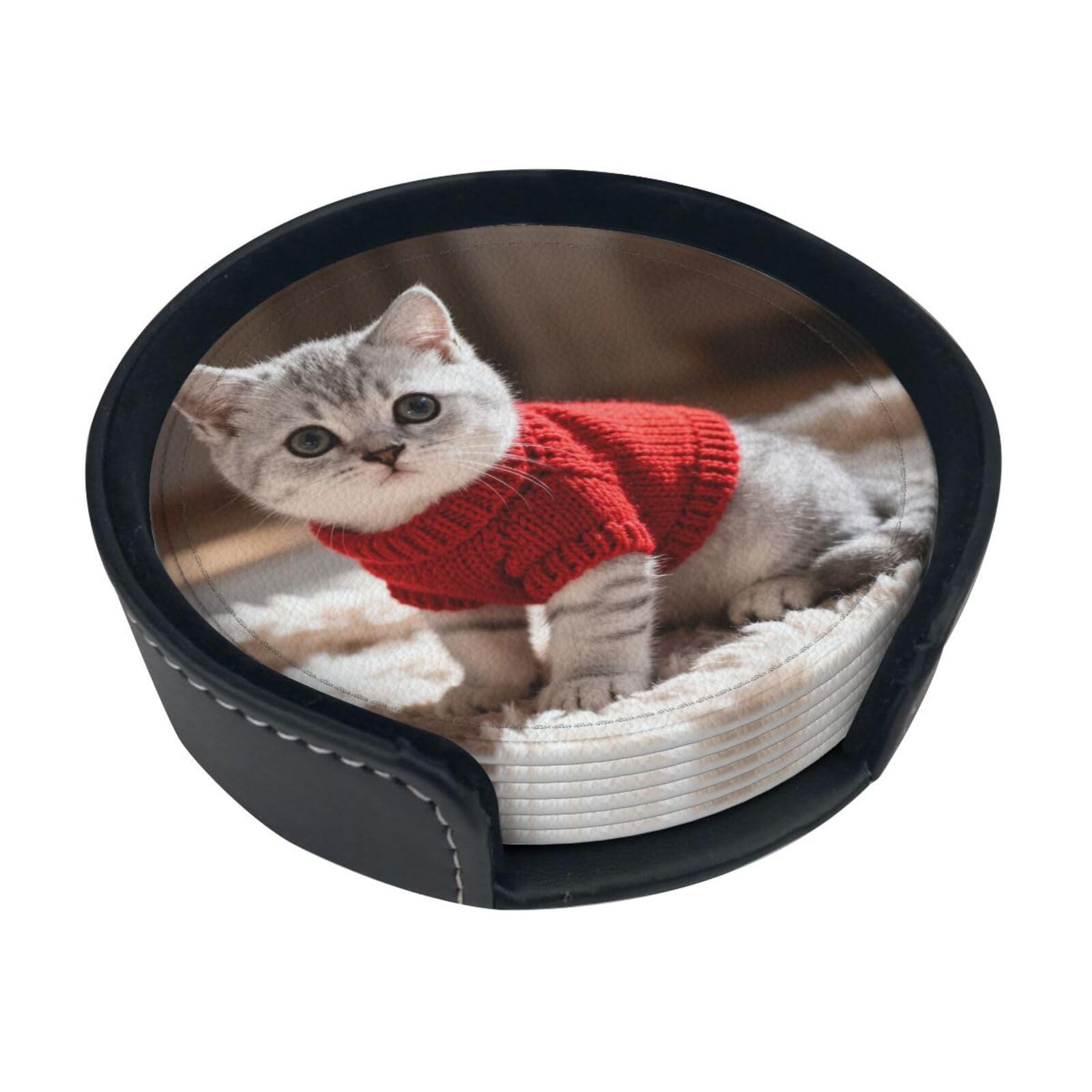 Cntdbu White Shorthaired Cat Leather Coasters Set Of 6-Pu Leather Drink Mats For Table, Heat Resistant Round Coasters With Holder