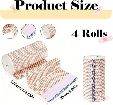 4 Pcs Premium Compression Bandage, Self-Closin Elastic Bandage Wrap (4.5m*10cm) Reusable with Self-Closures for Wrist Ankle Knee Elbow Shoulder Feet Injuries (Beige)