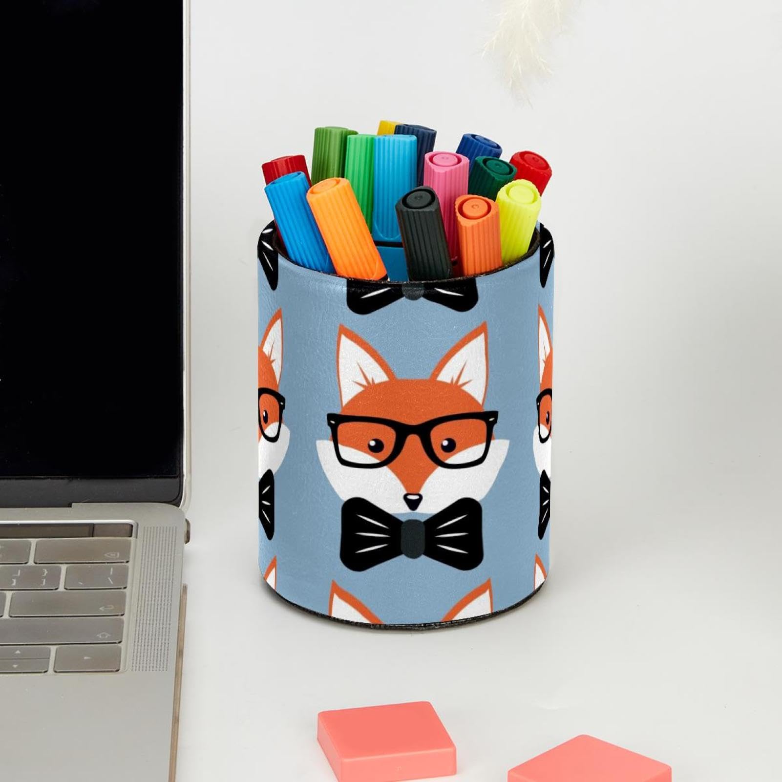 Pot à crayons de grande capacité pour bureau, motif renards de dessin animé, organiseur pour bureau, salle de classe, maison, porte-pinceaux de maquillage en cuir synthétique