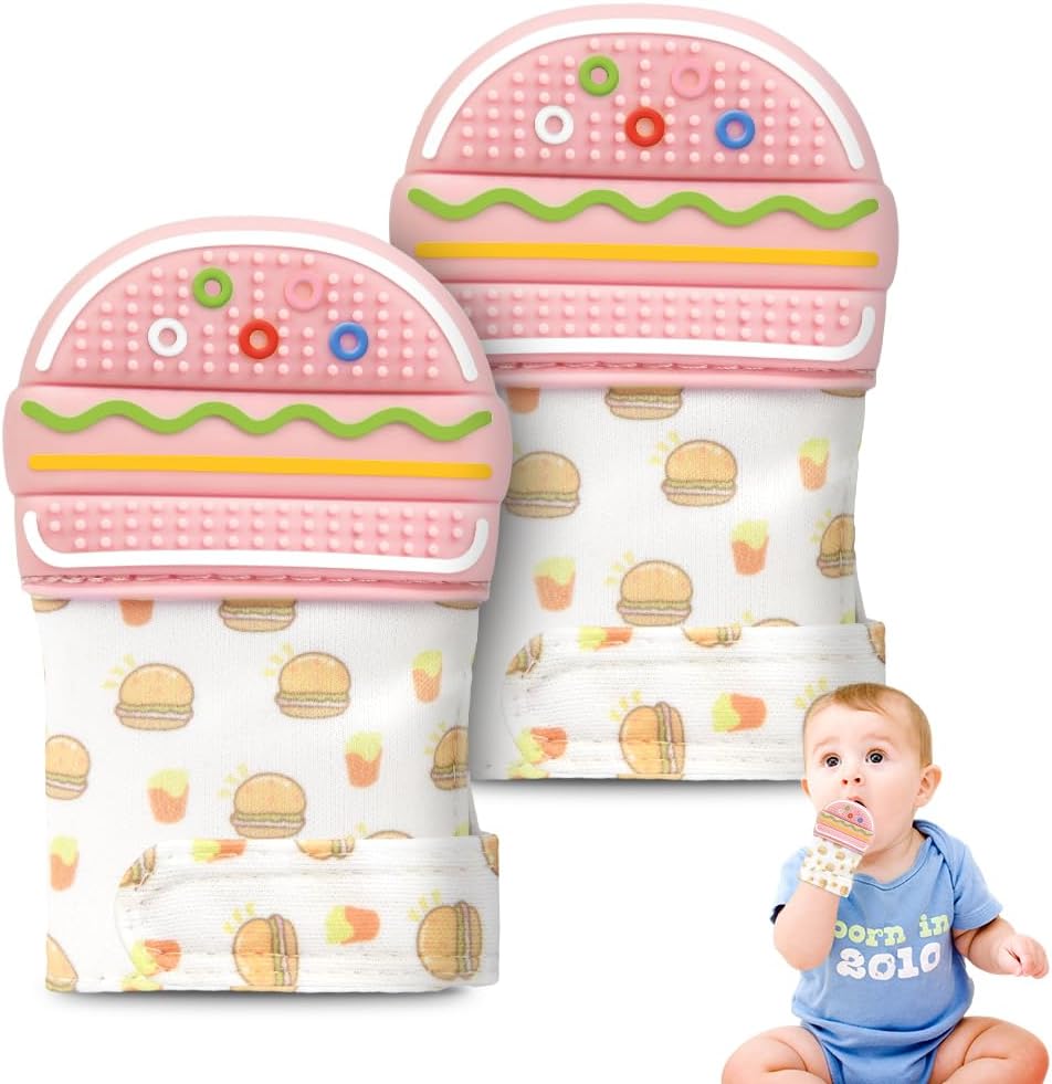 Hotut Teething Mittens 2-Pack, Food-Grade Silicone Teether Gloves for Baby Pain Relief, BPA-Free