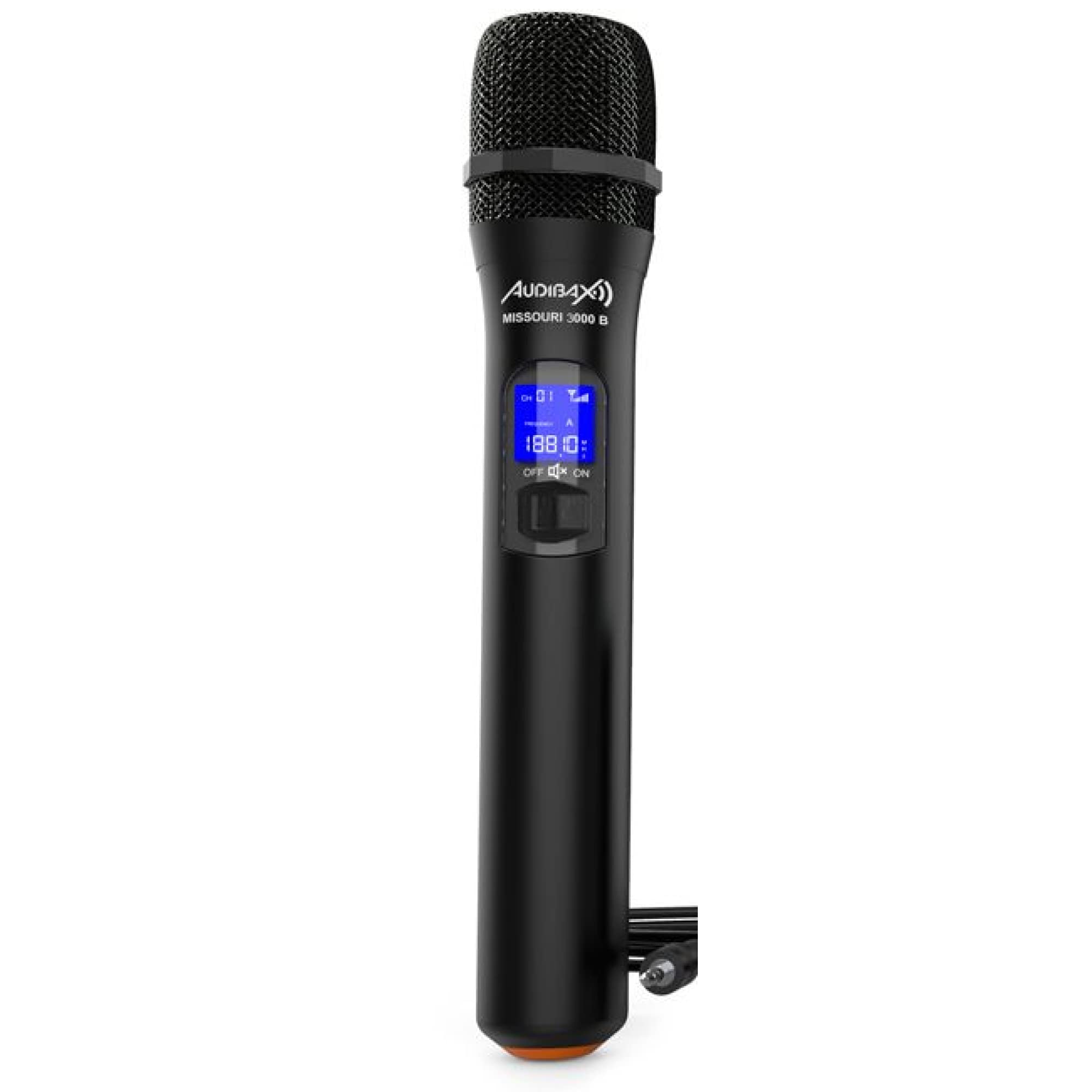 Audibax - Missouri 3000 - podwójny profesjonalny mikrofon radiowy - zestaw z 1 mikrofonem ręcznym i 1 pakietem paska na głowę/szyję - zasięg 80 metrów - włącznik/wyłącznik - baterie AA