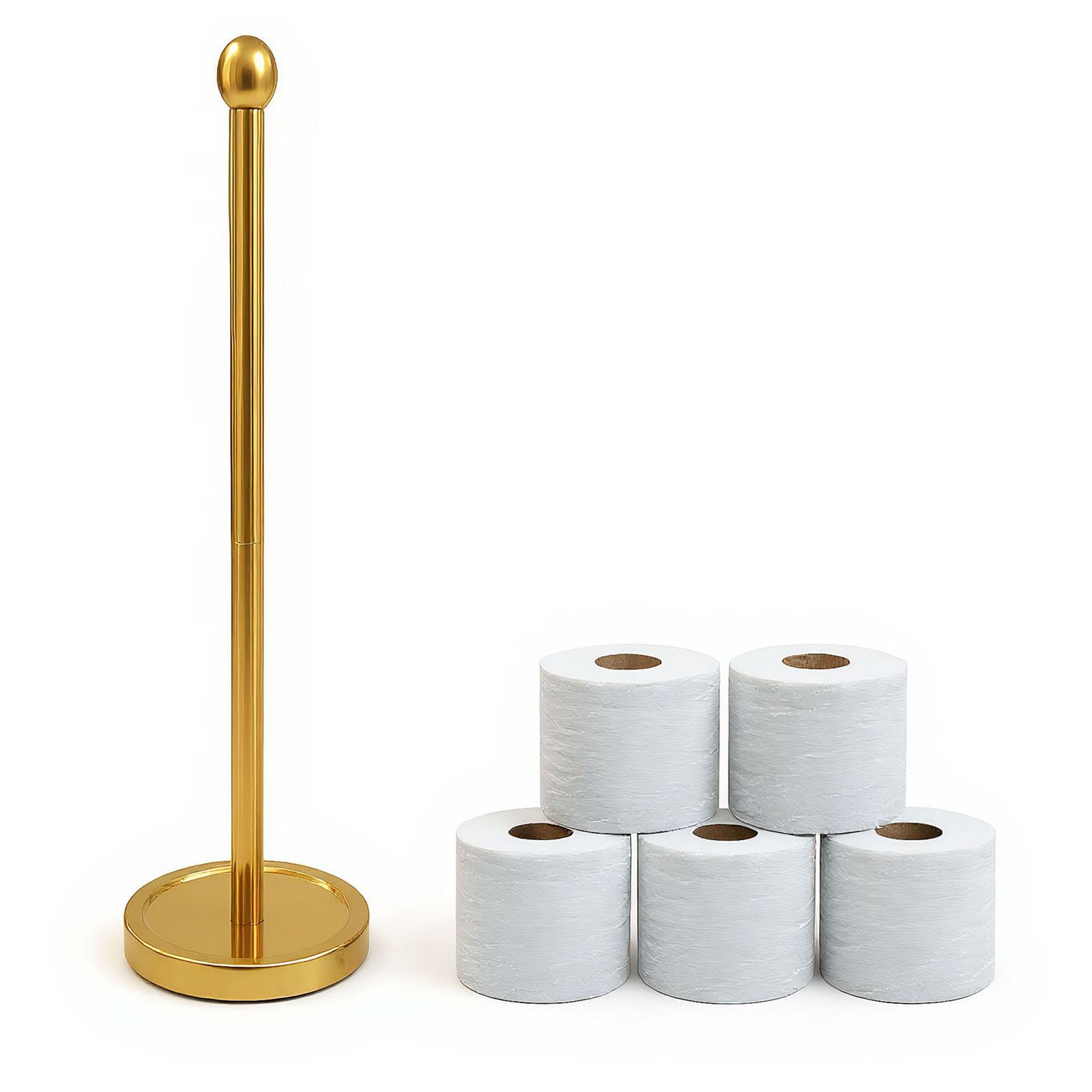 Toilet Paper Holder Stand for 4 or 5 Rolls, Freestanding Tissue Roll Holder, Stainless Steel (Gold), Perfect