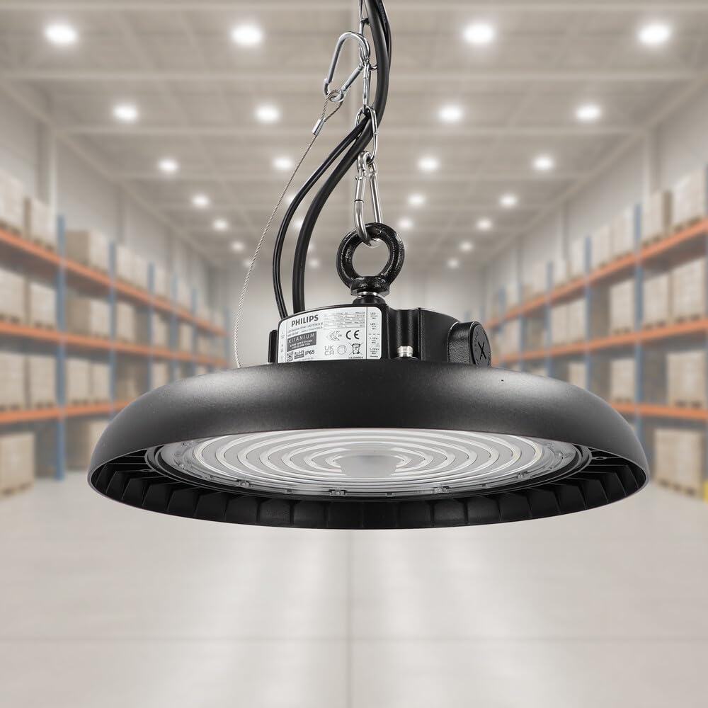 LED High Bay Hallenstrahler 150W mit PREMIUM-Marken-Treiber dimmbar (1-10V) kaltweiß 6000K 31.500lm 210lm/W 90° IP65 Industrielampe Werkstattbeleuchtung Ø300xH110mm 5 Jahre Garantie