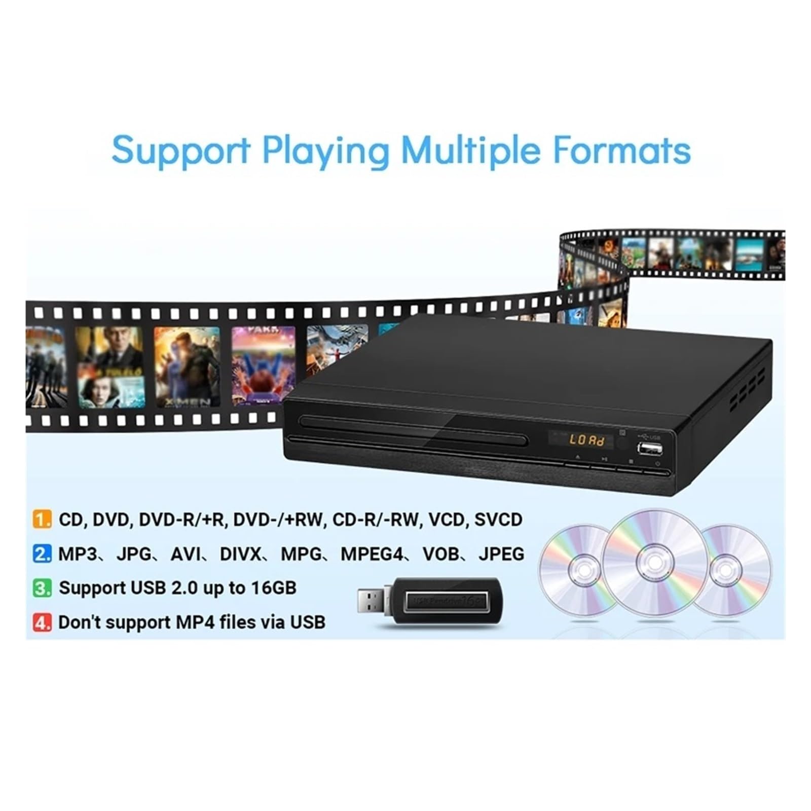 Lecteur DVD 1080P for TV, Home Cinéma, Lecteurs DVD, CD, Sortie AV, Télécommande