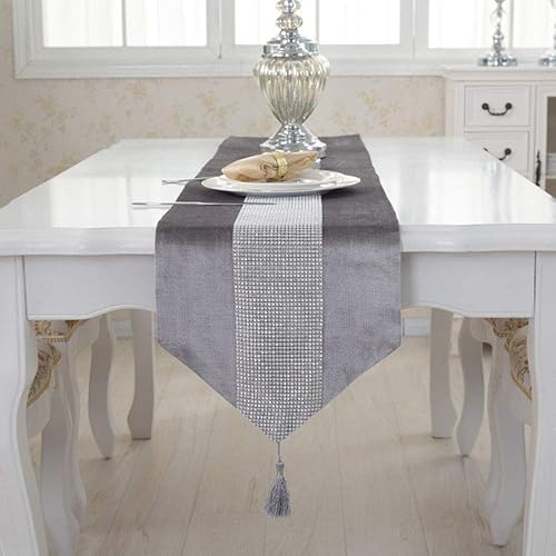 Miniatura 7 de Camino de mesa de diamante plateado con tira de diamantes y borlas, camino de mesa de lentejuelas grises de 72 pulgadas de largo para decoración de