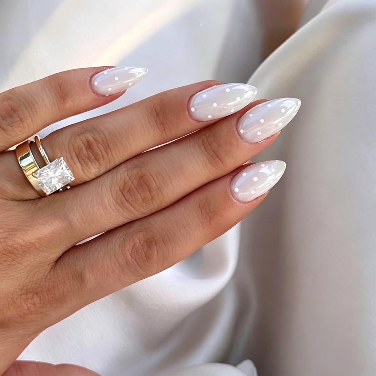 White Press on Nails Polka Dot Short Almond False Nails